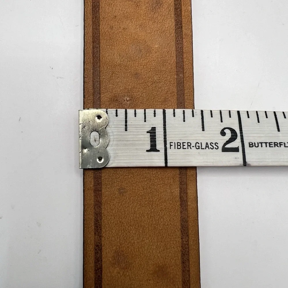VTG USA Made Guess Distressed Leather Belt Triangle Metal Logo Small Tan/Brown